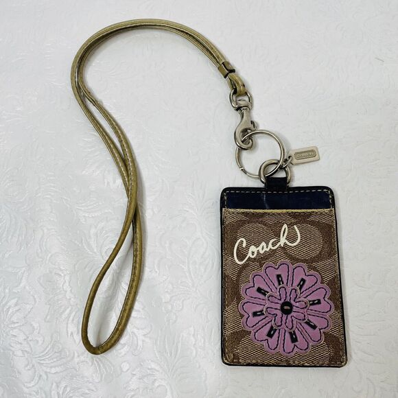 Coach ID Badge Lanyard Brown Leather w Purple Flower - Picture 1 of 10